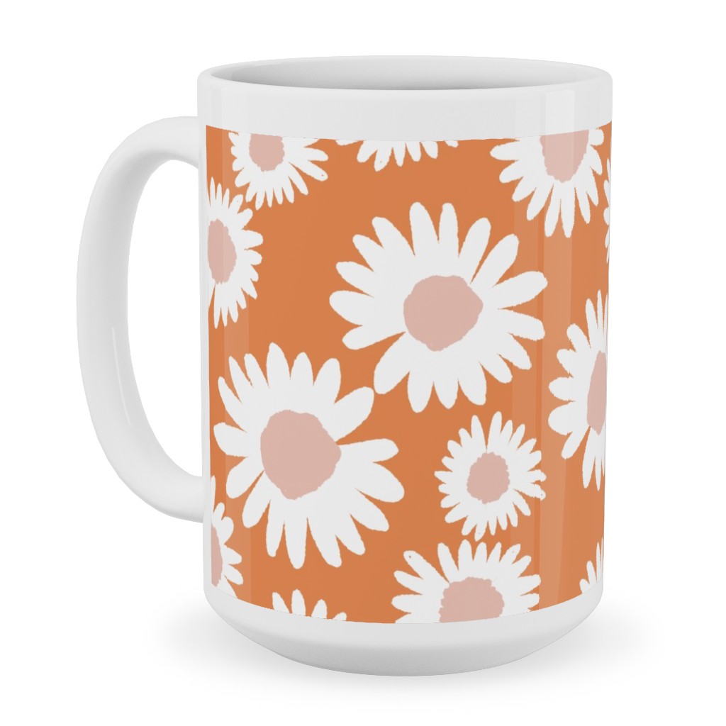 Boho Daisies - Flowers - Muted Orange and Blush Ceramic Mug, White, , 15oz, Orange, Orange