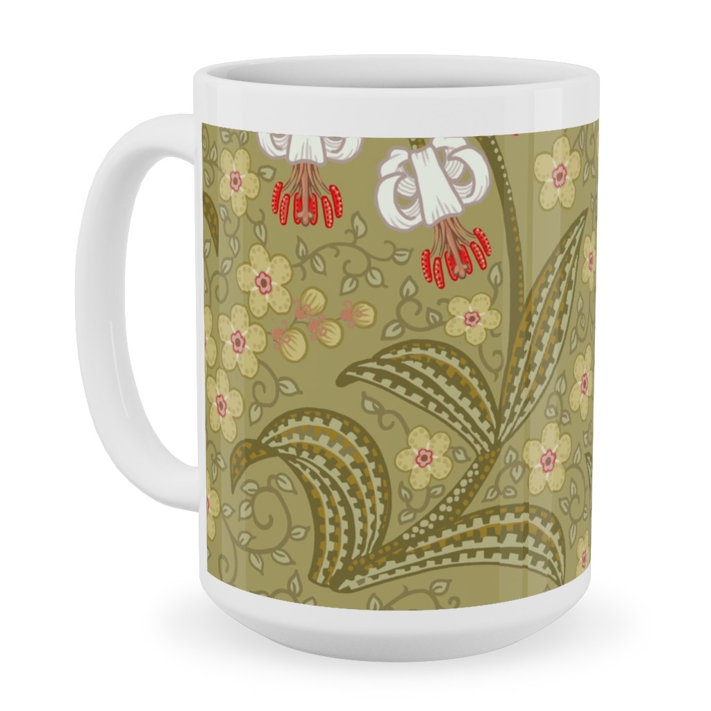 White Martagon Lilies - Olive Ceramic Mug, White,  , 15oz, Green