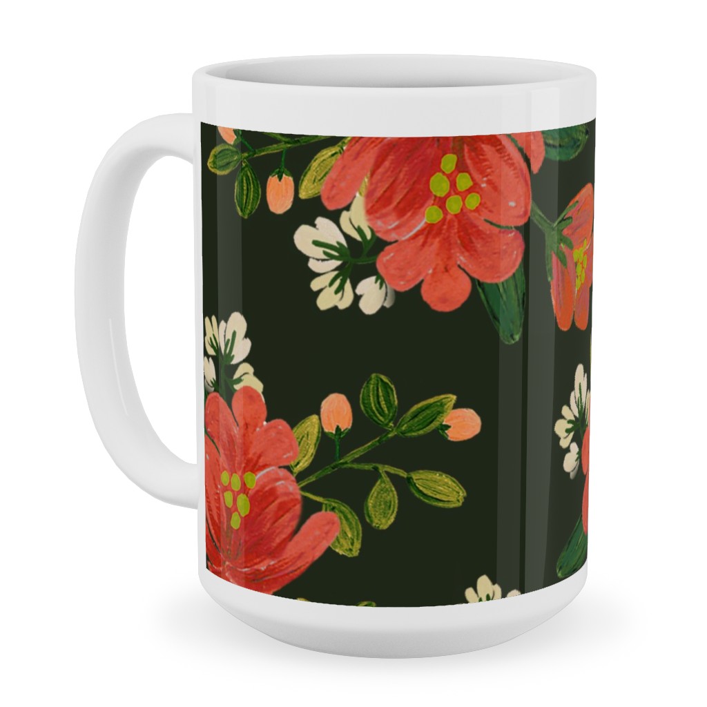 Holiday Floral Ceramic Mug, White,  , 15oz, Green