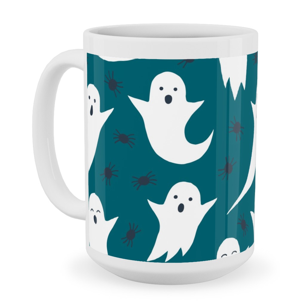 Halloween Ghosts - Dark Teal Ceramic Mug, White, , 15oz, Green, Classic Green