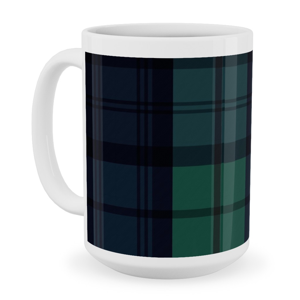 Dark Green Plaid Ceramic Mug, White, , 15oz, Green, Classic Green