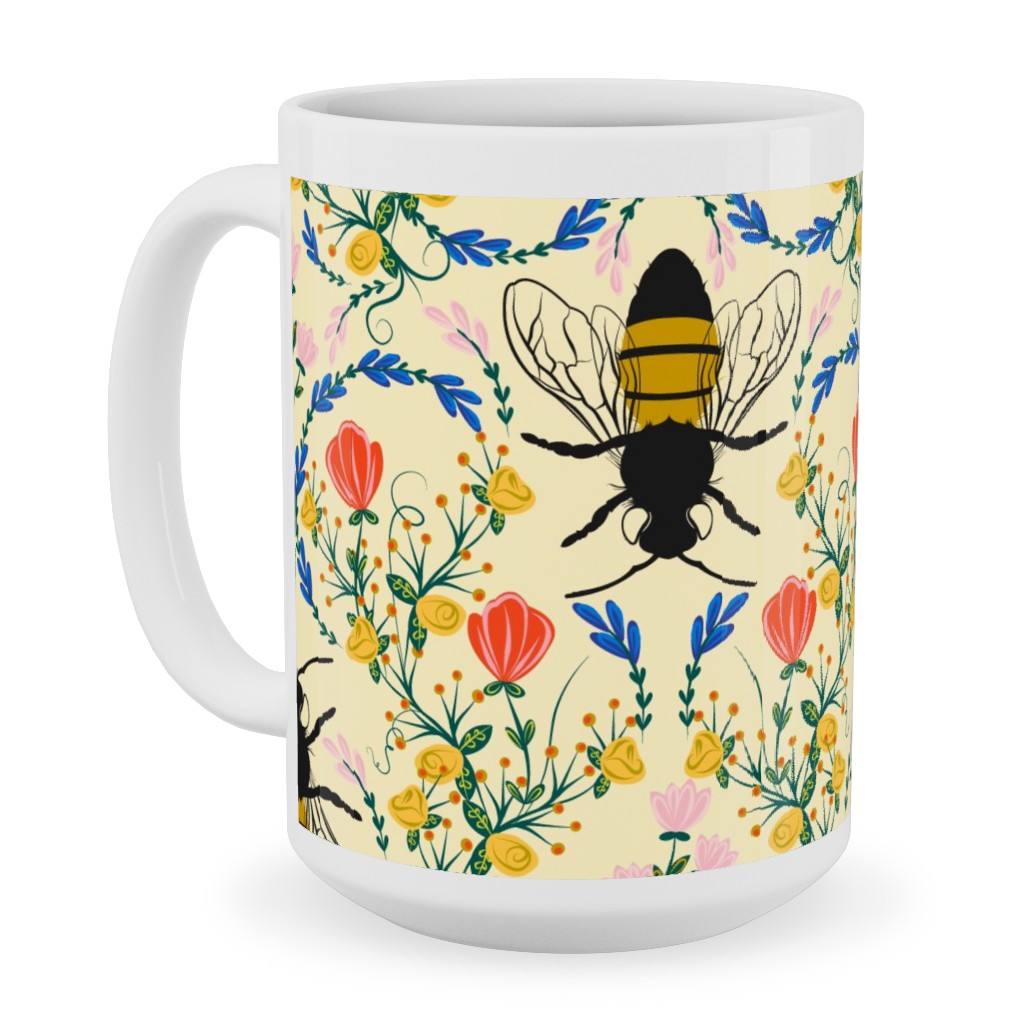 Bee Garden - Multi on Cream Ceramic Mug, White, , 15oz, Yellow, Classic Yellow