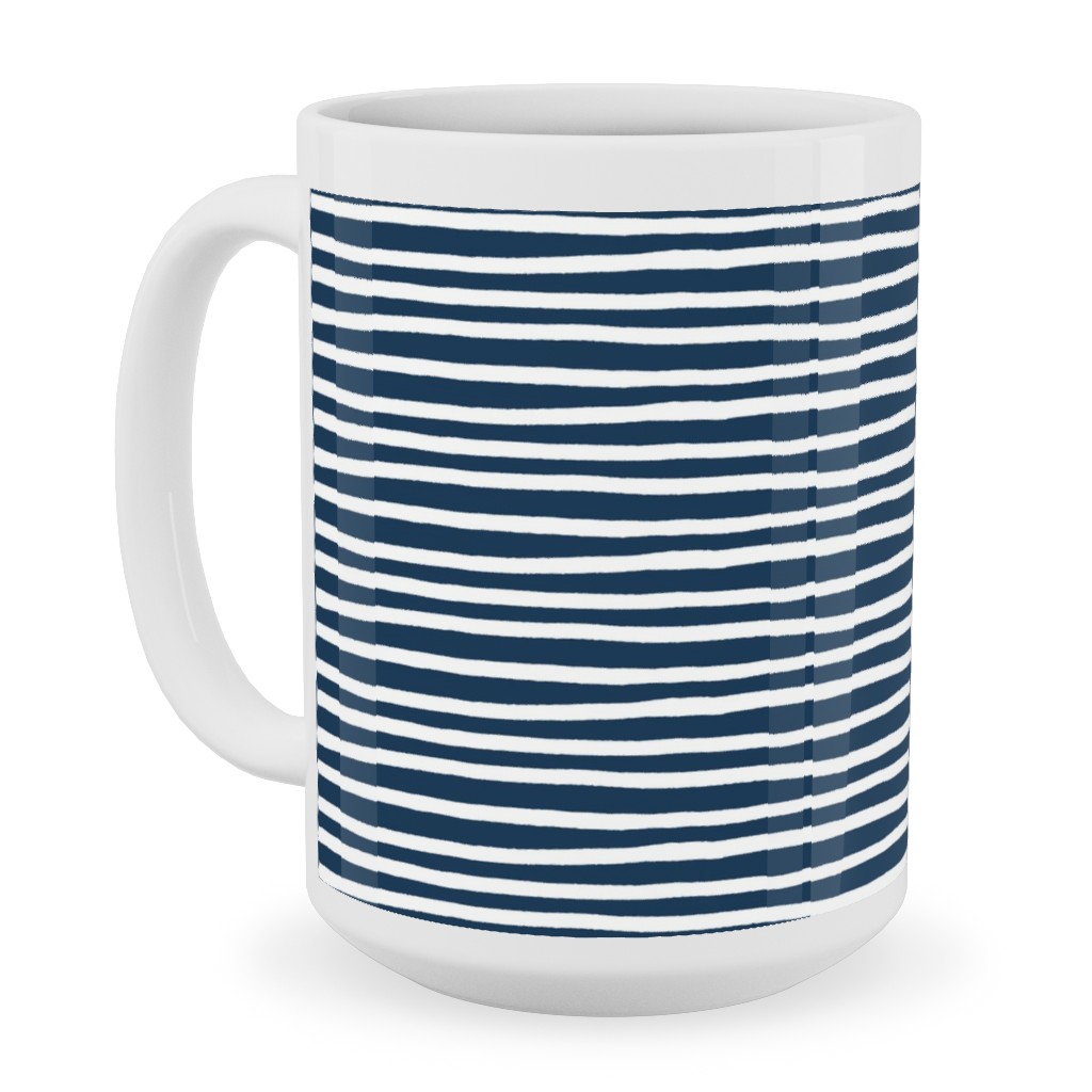 Navy Blue and White Stripes Ceramic Mug, White, , 15oz, Blue, True Blue