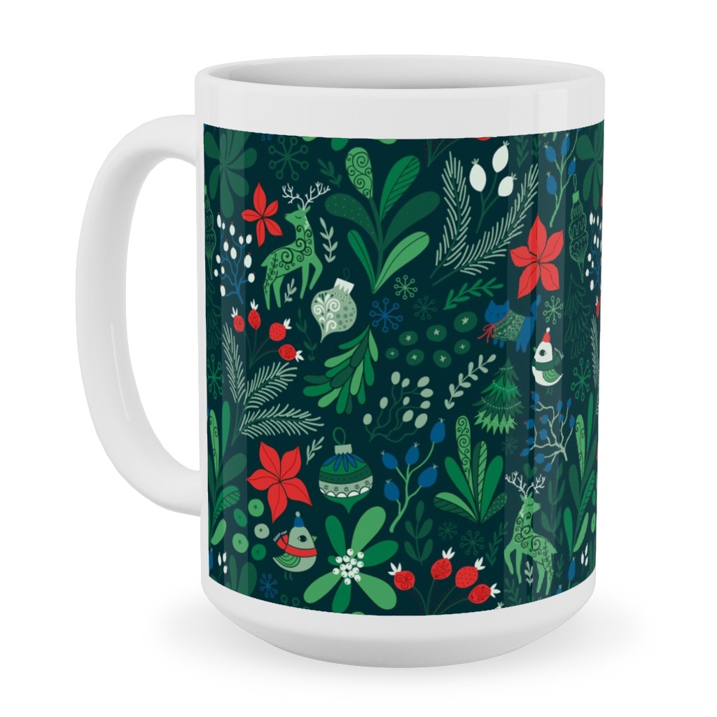 Merry Christmas Floral - Dark Ceramic Mug, White, , 15oz, Green, Classic Green