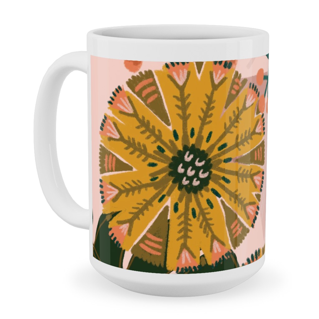 Boho Tropical - Floral - Pink Ceramic Mug, White, , 15oz, Multicolor