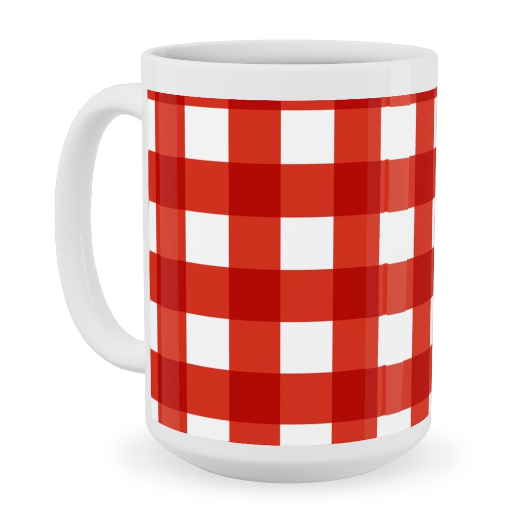 Gingham Plaid Check Ceramic Mug, White,  , 15oz, Red