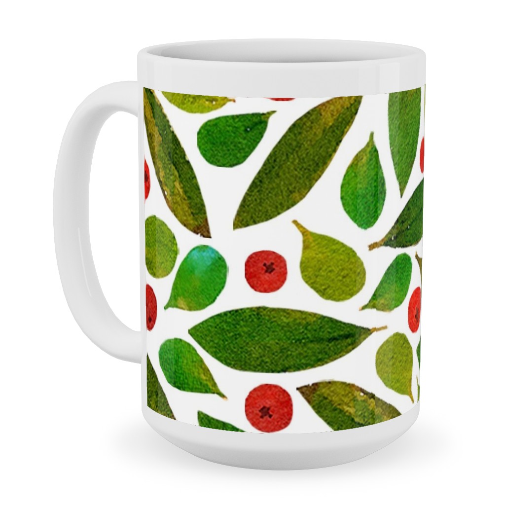 Holiday Greens and Berries Ceramic Mug, White, , 15oz, Green, Classic Green