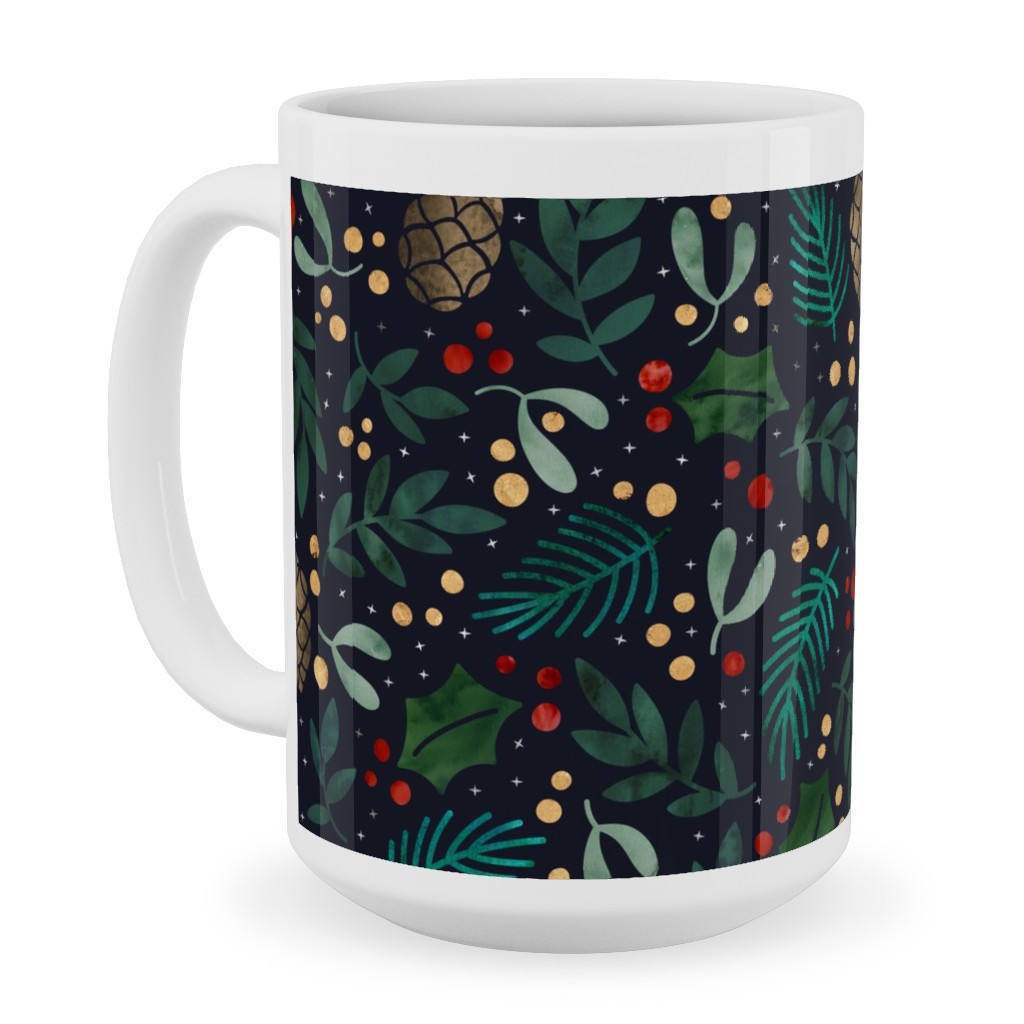 Christmas Florals - Dark Green Ceramic Mug, White, , 15oz, Green, Classic Green