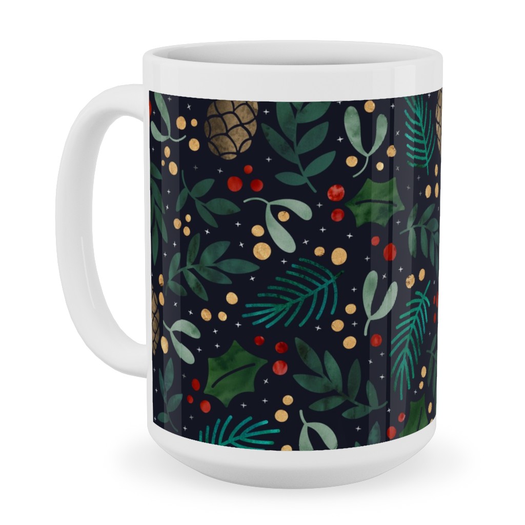 Christmas Florals - Dark Green Ceramic Mug, White,  , 15oz, Green