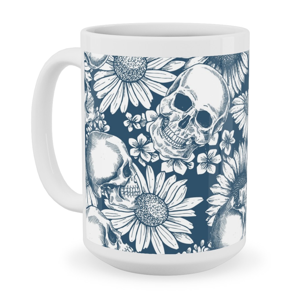 Floral Skull - Blue Ceramic Mug, White, , 15oz, Blue, True Blue