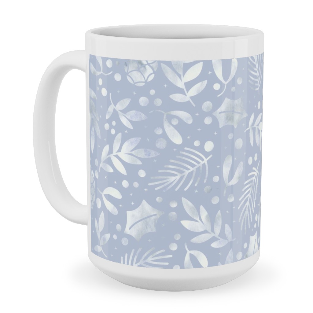 Frozen Winter Florals - Silver Ceramic Mug, White, , 15oz, Blue, True Blue