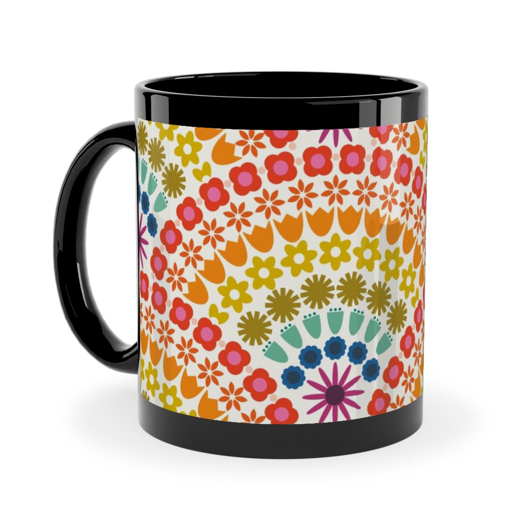 Rainbow Flower Scallops - Multi Ceramic Mug, Black,  , 11oz, Multicolor