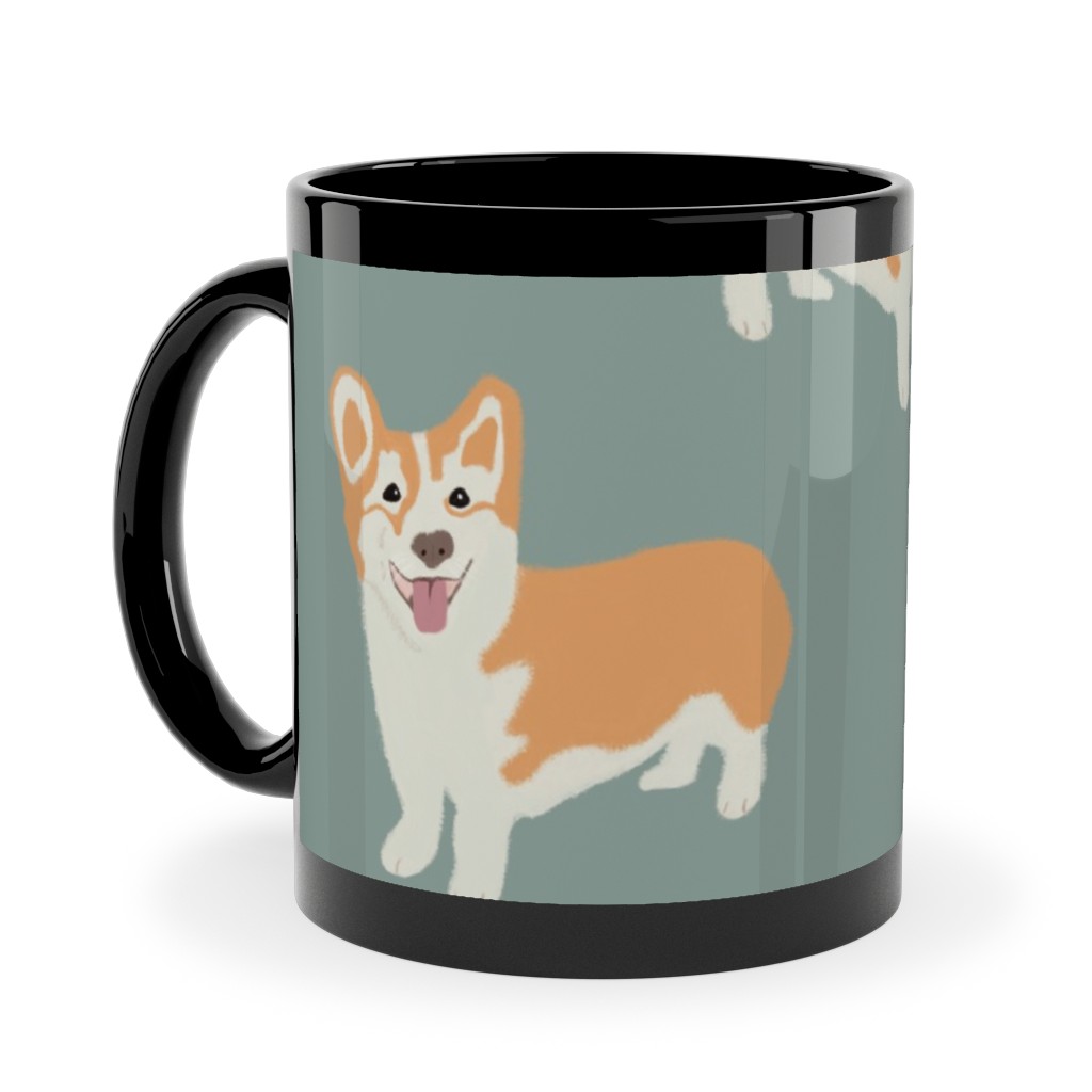 Corgi Ceramic Mug, Black, , 11oz, Green, Basil