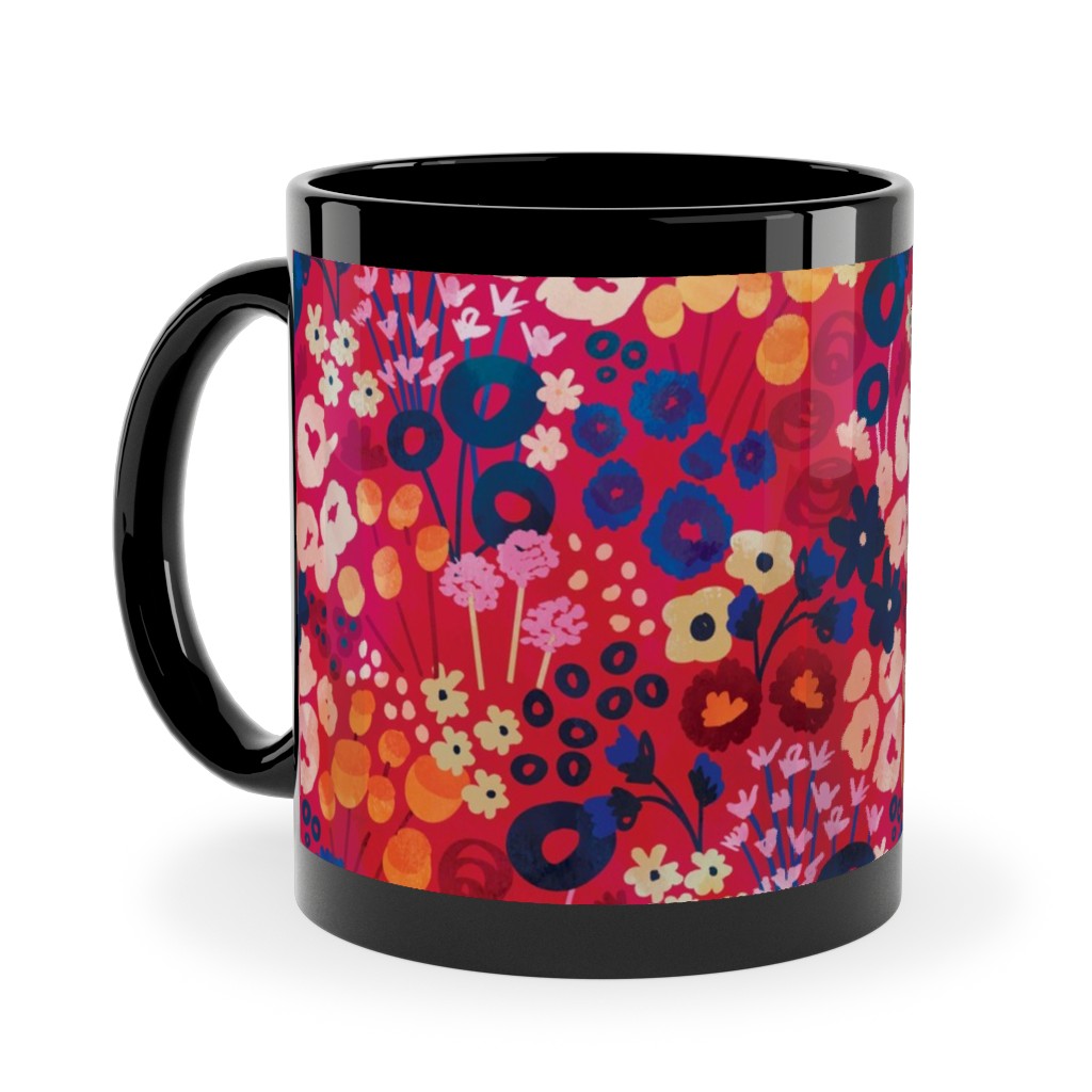 Modern Retro Floral - Multi Ceramic Mug, Black, , 11oz, Multicolor