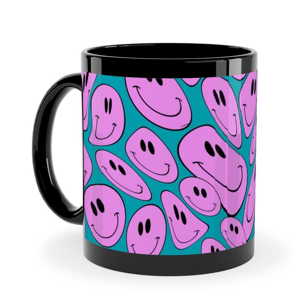 Retro Smiley Face - Blue and Purple Ceramic Mug, Black, , 11oz, Purple, Purple