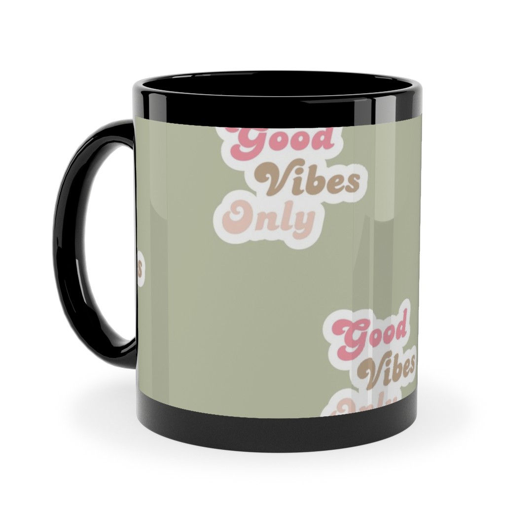 Seventies Retro Good Vibes Only Ceramic Mug, Black,  , 11oz, Green