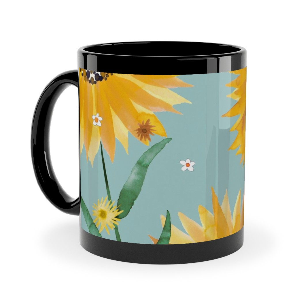 Watercolor Sunflowers - Yellow on Blue Ceramic Mug, Black,  , 11oz, Yellow