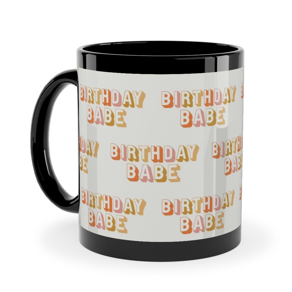 Birthday Babe - Cute Retro Letters - Neutral Ceramic Mug, Black,  , 11oz, Yellow