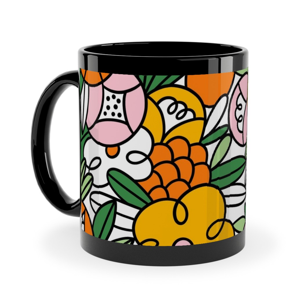 Crazy Wild Floral Pattern - Multi Ceramic Mug, Black,  , 11oz, Multicolor