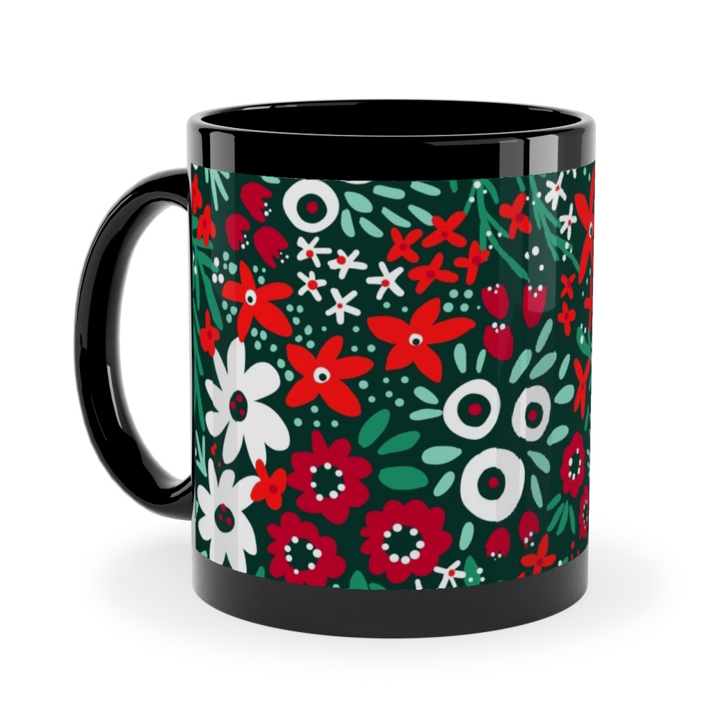 Rustic Floral - Holiday Red and Green Ceramic Mug, Black, , 11oz, Green, Classic Green