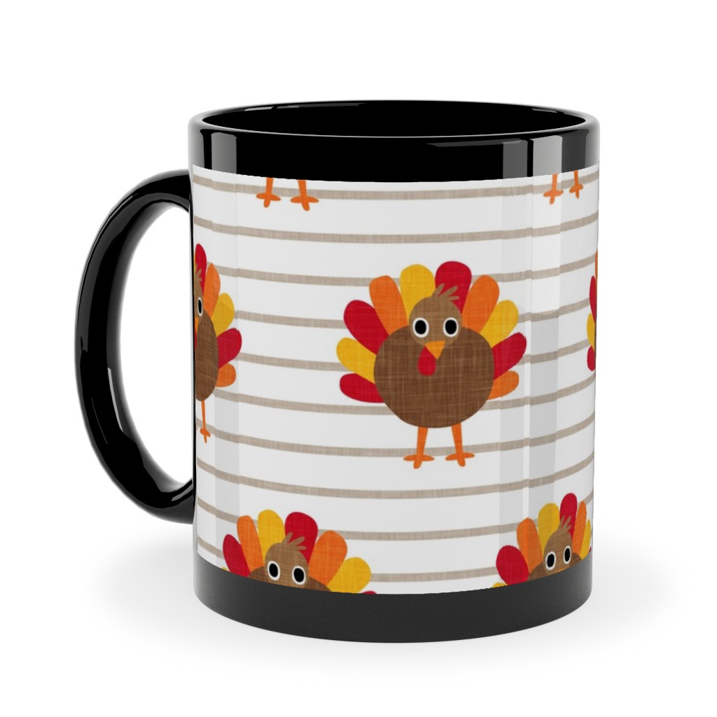 Cute Thanksgiving Turkey - on Khaki Stripes Ceramic Mug, Black,  , 11oz, Orange