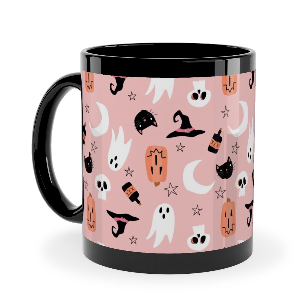 Sweet Halloween - Pumpkin, Witch, Ghost, & Cat - Pink Ceramic Mug, Black,  , 11oz, Pink