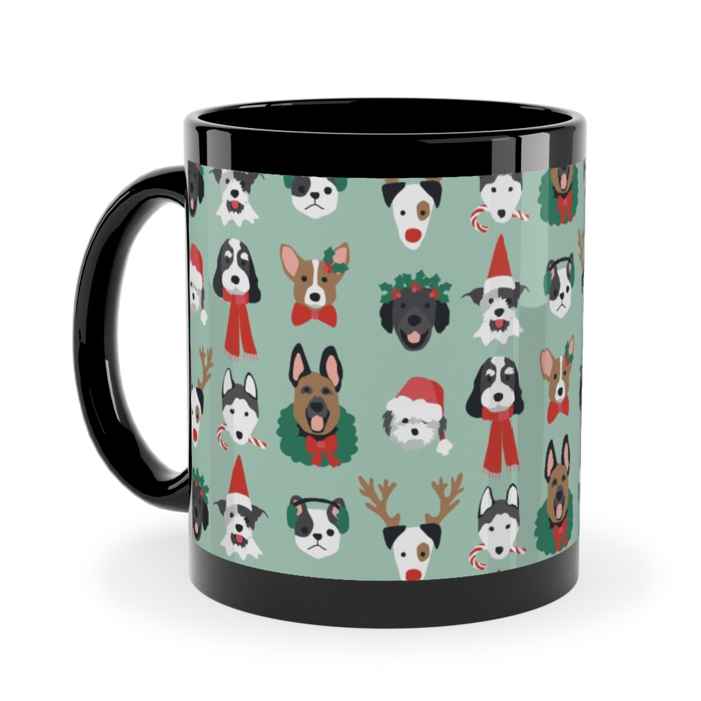 Christmas Holiday Puppy Dogs - Green Ceramic Mug, Black, , 11oz, Green, Classic Green