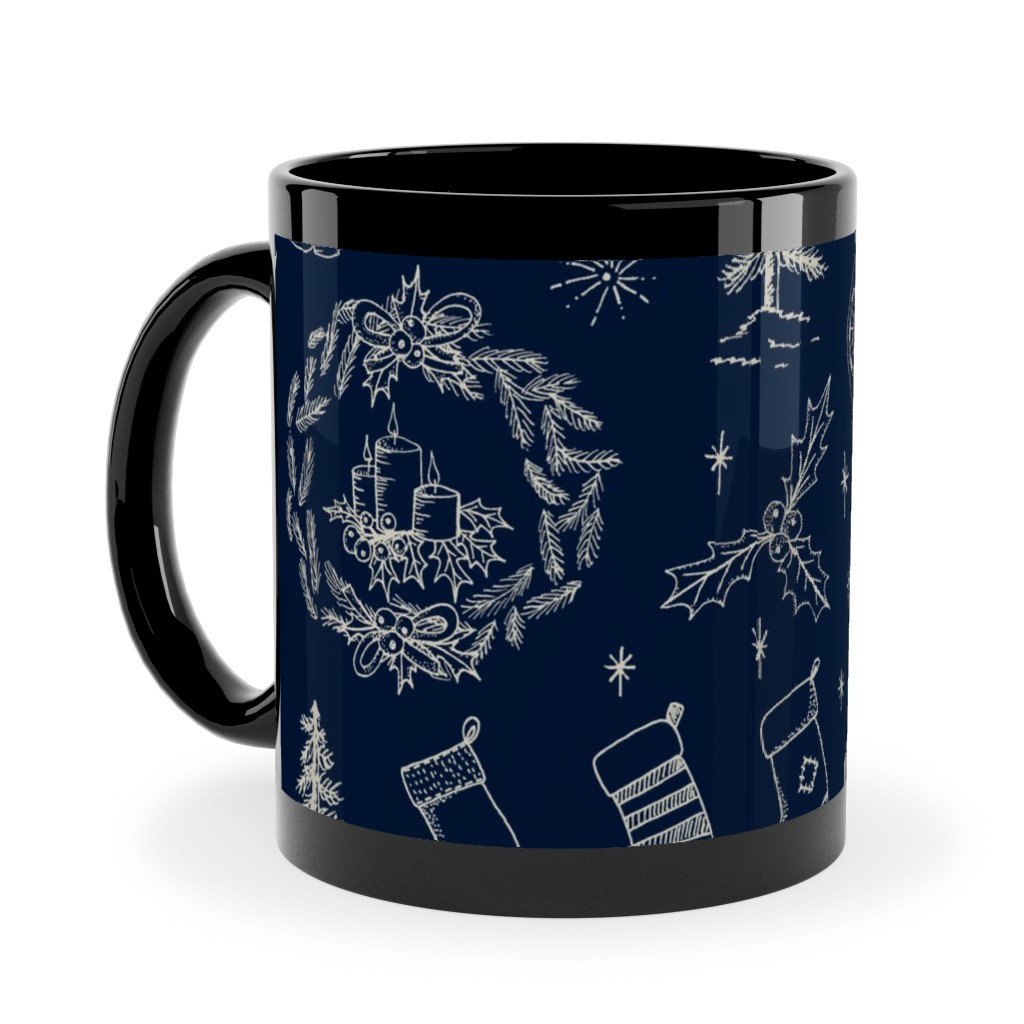 Christmas Toile - Starry Night Ceramic Mug, Black,  , 11oz, Blue