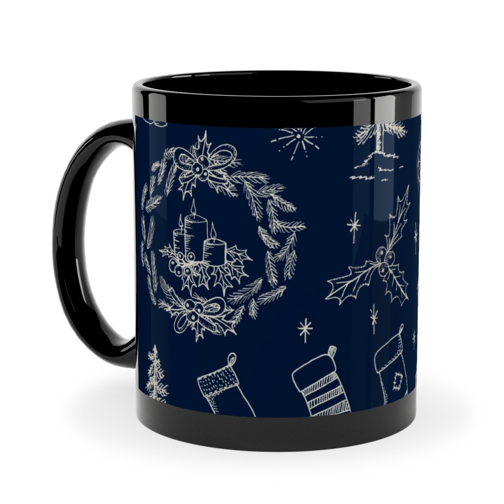 Christmas Toile - Starry Night Ceramic Mug, Black, , 11oz, Blue, True Blue