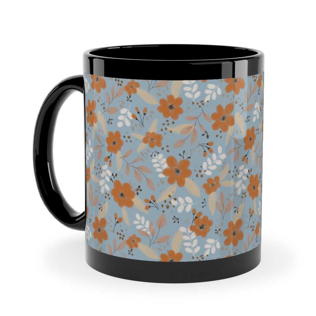 Fall Floral Ceramic Mug, Black, , 11oz, Blue, Cool Gray