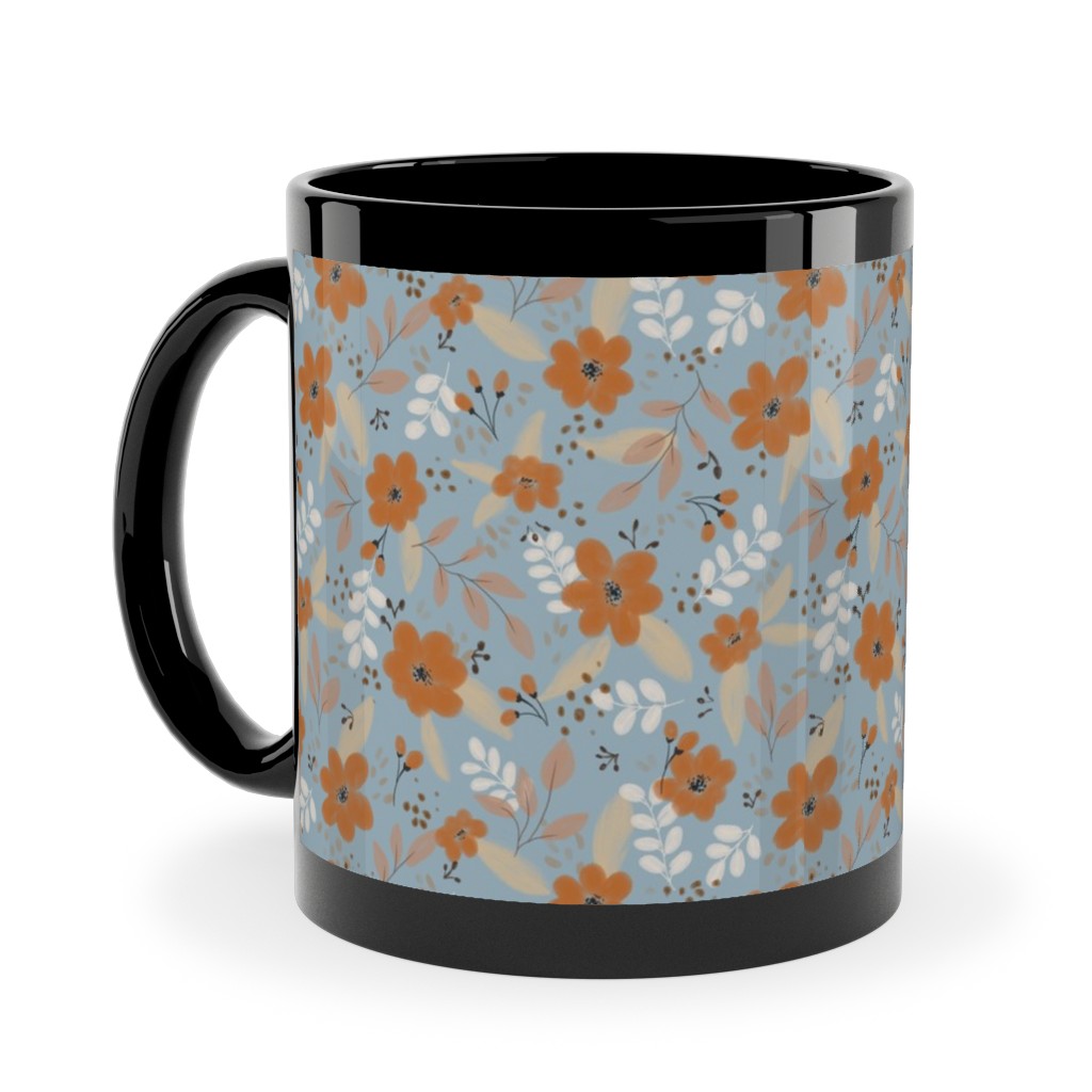 Fall Floral Ceramic Mug, Black,  , 11oz, Blue