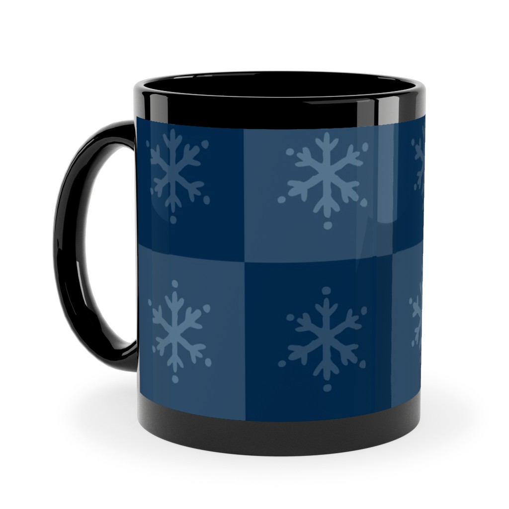 Scandi Cozy Winter Checkered Blue Snowflake Ceramic Mug, Black,  , 11oz, Blue