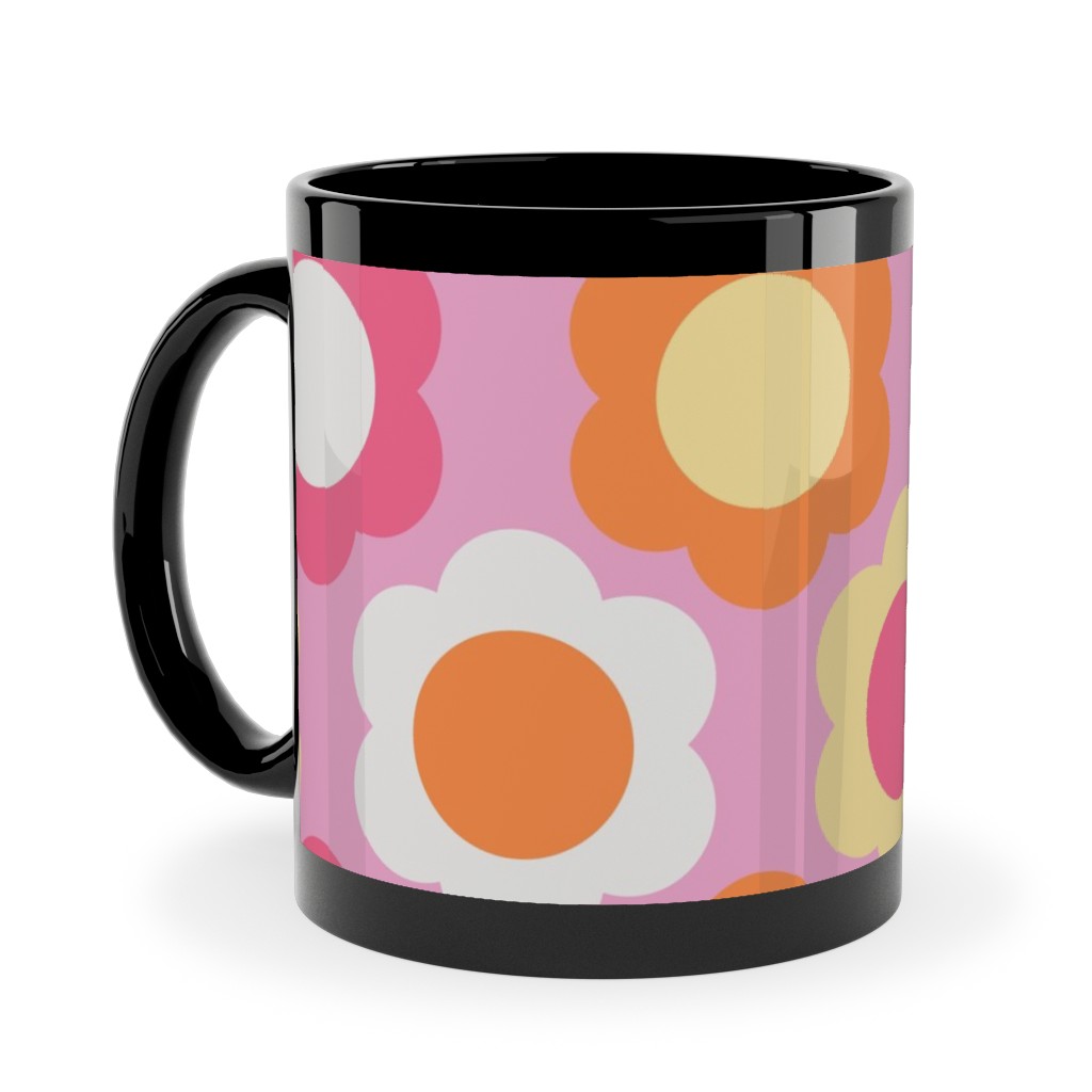 Retro Geometric Flowers - Pink and Orange Ceramic Mug, Black, , 11oz, Pink, Bright Pink