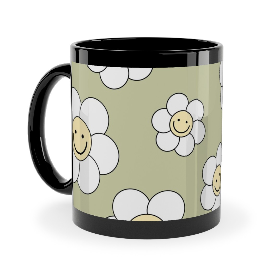 Sweet Smiling Daisies Ceramic Mug, Black,  , 11oz, Green