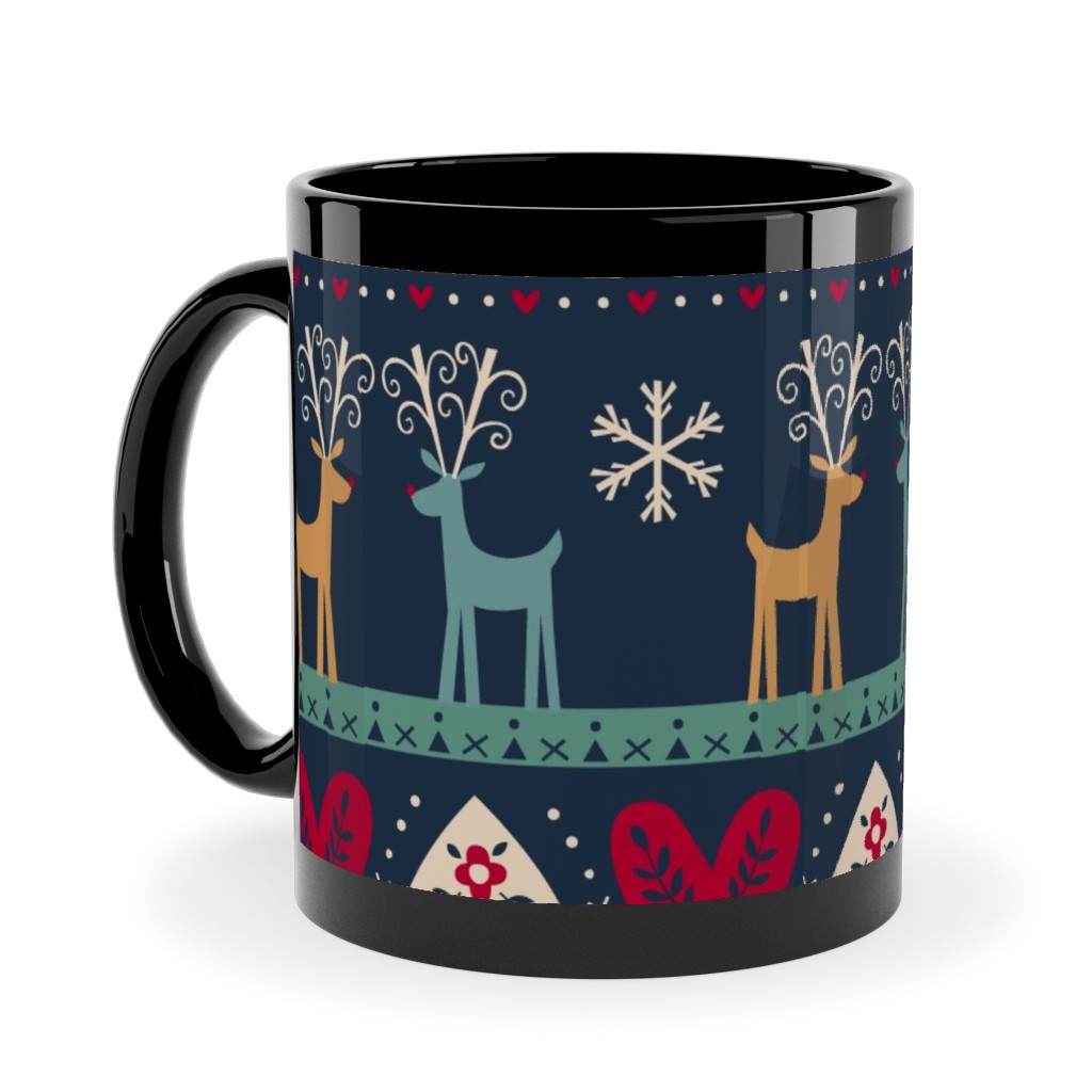 Vintage Nordic Christmas Ceramic Mug, Black, , 11oz, Multicolor, Seaweed