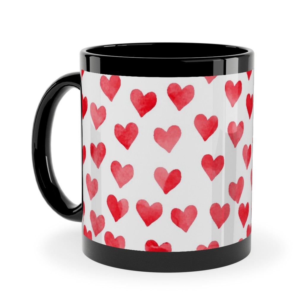 Watercolor Hearts - Red Ceramic Mug, Black,  , 11oz, Red