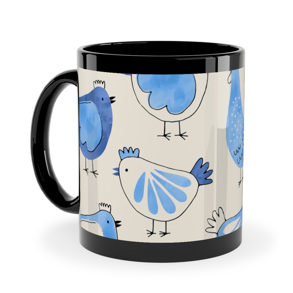 Chicken and Rooster - Watercolor - Blue on Creme Ceramic Mug, Black, , 11oz, Blue, True Blue