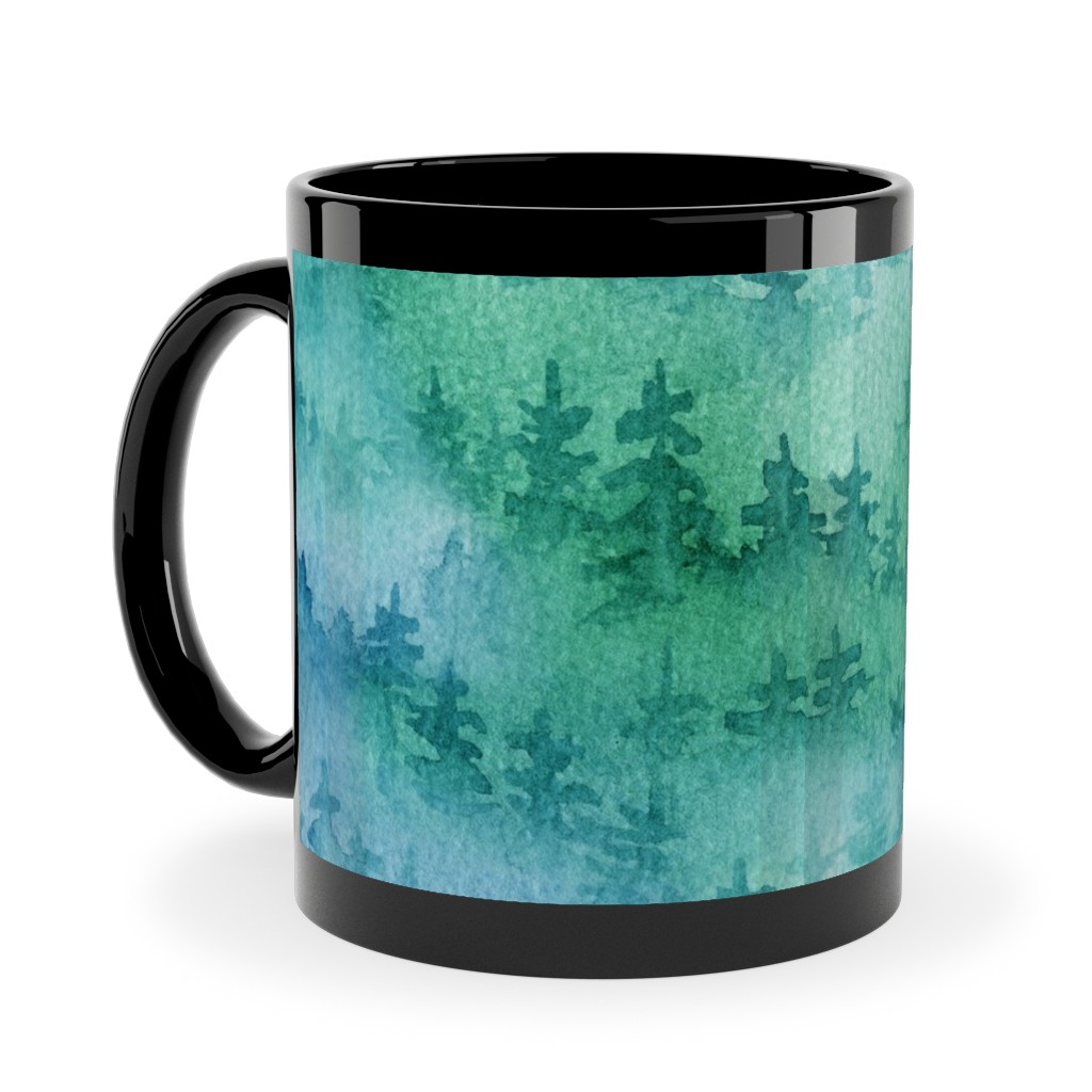 Watercolor Forest - Green and Blue Ceramic Mug, Black, , 11oz, Green, Classic Green