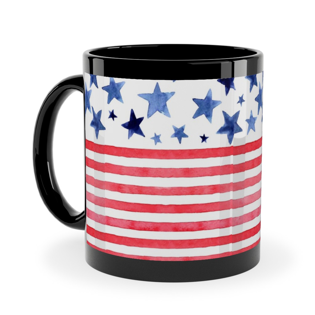 Watercolor Stars and Stripes - Red White and Blue Ceramic Mug, Black, , 11oz, Red, Red