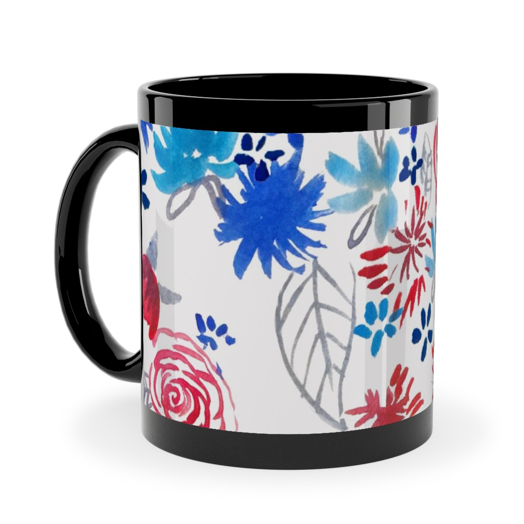 Patriotic Watercolor Floral - Red White and Blue Ceramic Mug, Black,  , 11oz, Multicolor