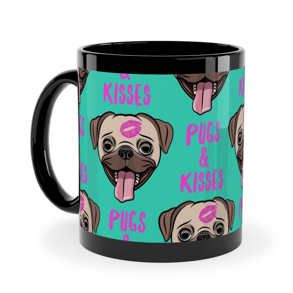 Pugs & Kisses - Cute Pug Dog - Teal Ceramic Mug, Black,  , 11oz, Green