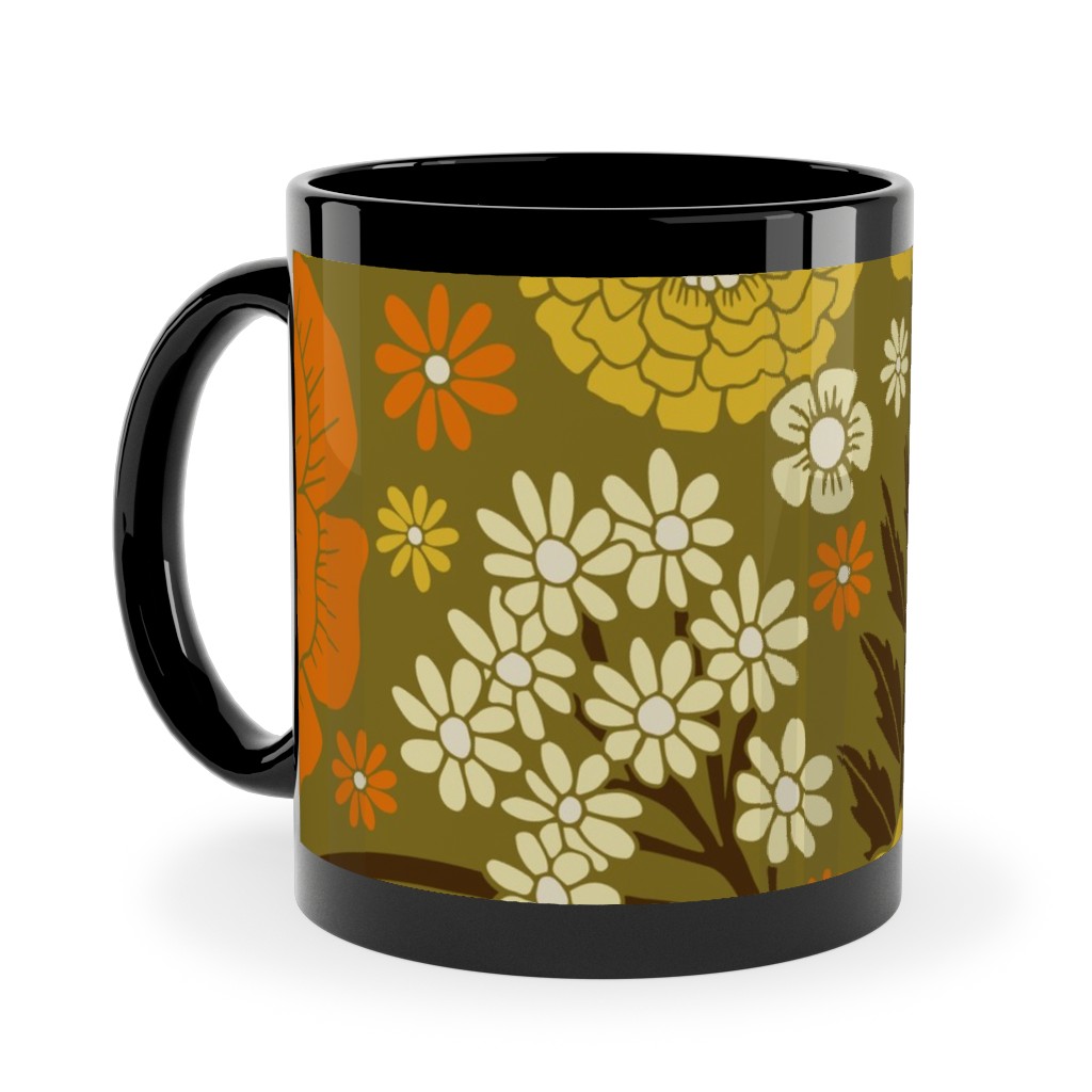 1970s Retro/Vintage Floral - Yellow and Brown Ceramic Mug, Black,  , 11oz, Yellow