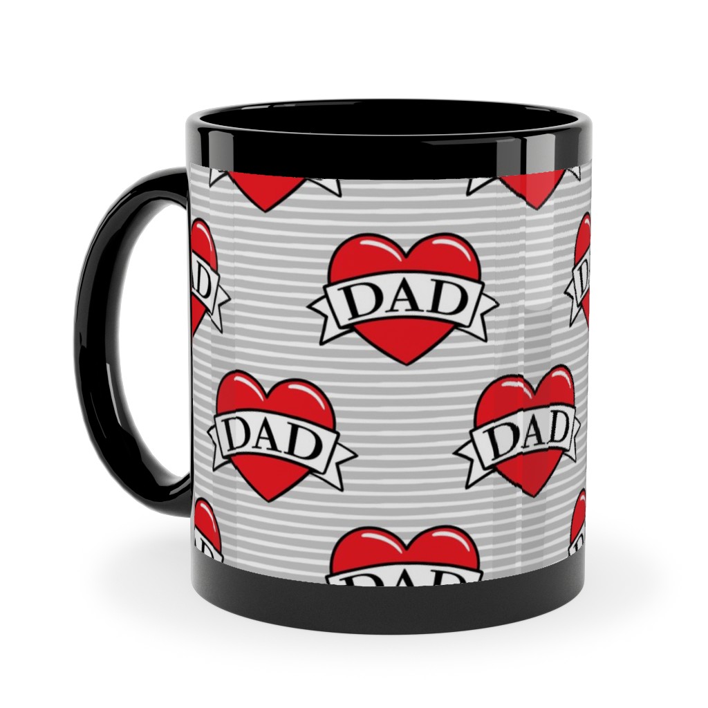 Dad Heart Tattoo - Red on Grey Stripes Ceramic Mug, Black, , 11oz, Red, Red