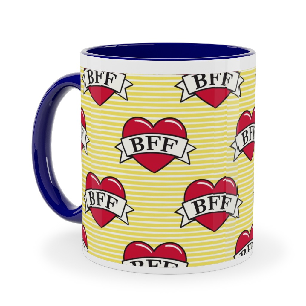 Bff Heart Tattoo Ceramic Mug, Blue, , 11oz, Yellow, Cream