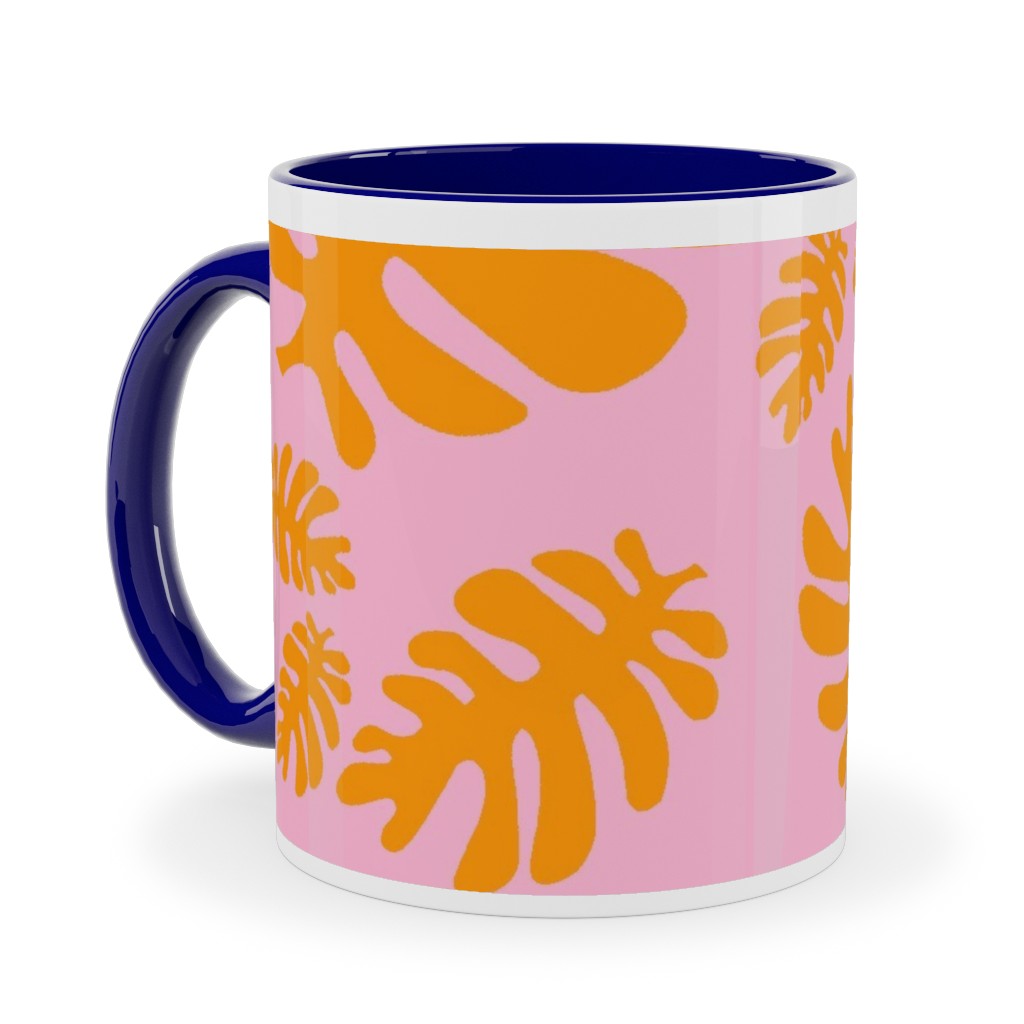 Funky Tropical Leaf - Orange and Blush Ceramic Mug, Blue, , 11oz, Pink, Bright Pink