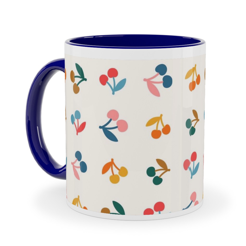 Colored Cherries - Earthy Ceramic Mug, Blue,  , 11oz, Beige