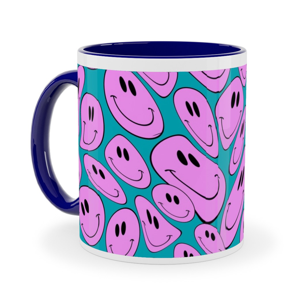 Retro Smiley Face - Blue and Purple Ceramic Mug, Blue,  , 11oz, Purple