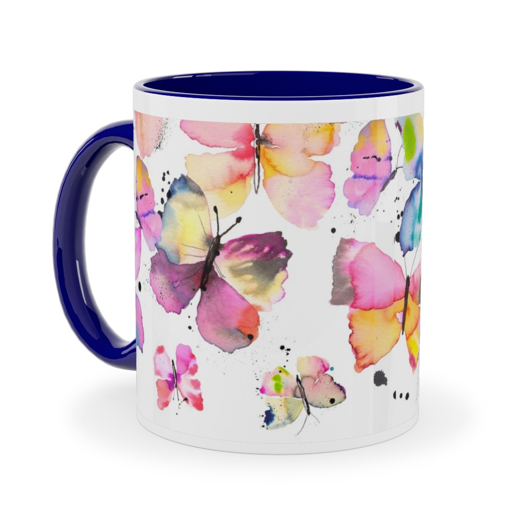Watercolor Butterflies - Multicolor Ceramic Mug, Blue, , 11oz, Multicolor