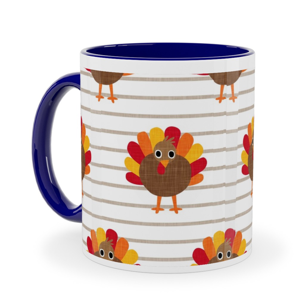 Cute Thanksgiving Turkey - on Khaki Stripes Ceramic Mug, Blue,  , 11oz, Orange