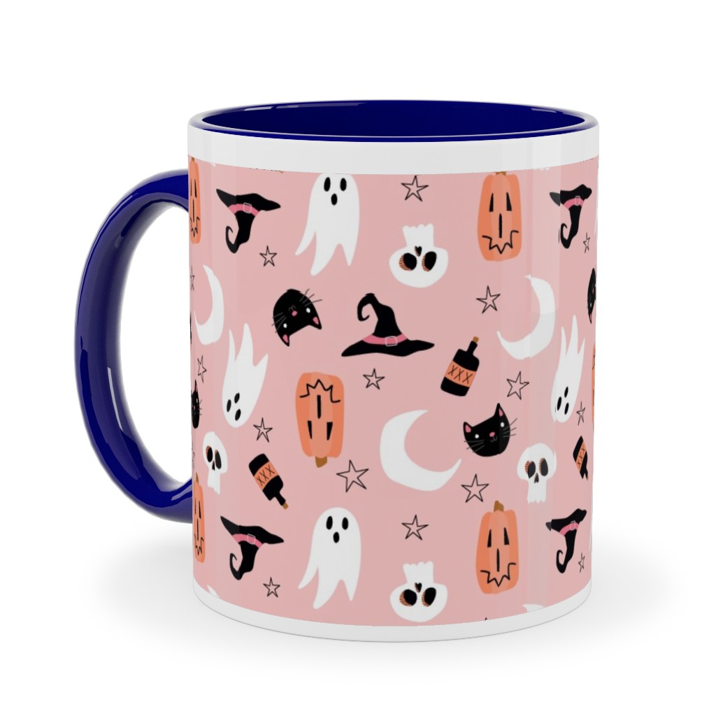 Sweet Halloween - Pumpkin, Witch, Ghost, & Cat - Pink Ceramic Mug, Blue, , 11oz, Pink, Bright Pink